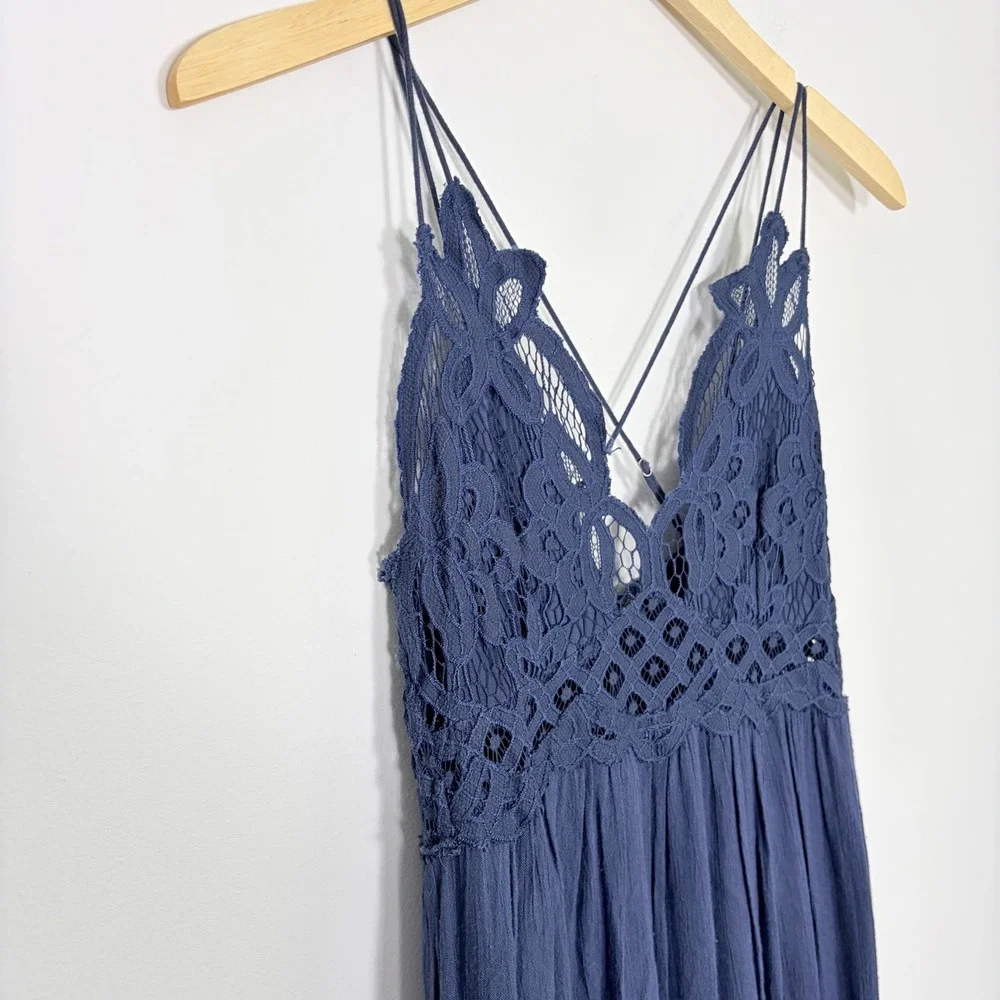 Free People FP One Adella Maxi Slip Dress Navy Blue Crochet‎ Lace Ruffle Small